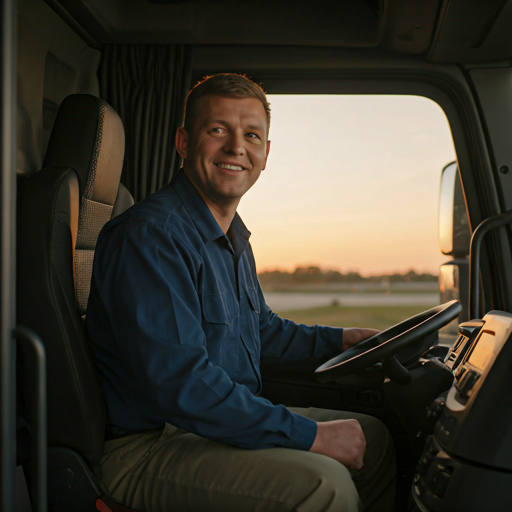 Driver in cab at sunset